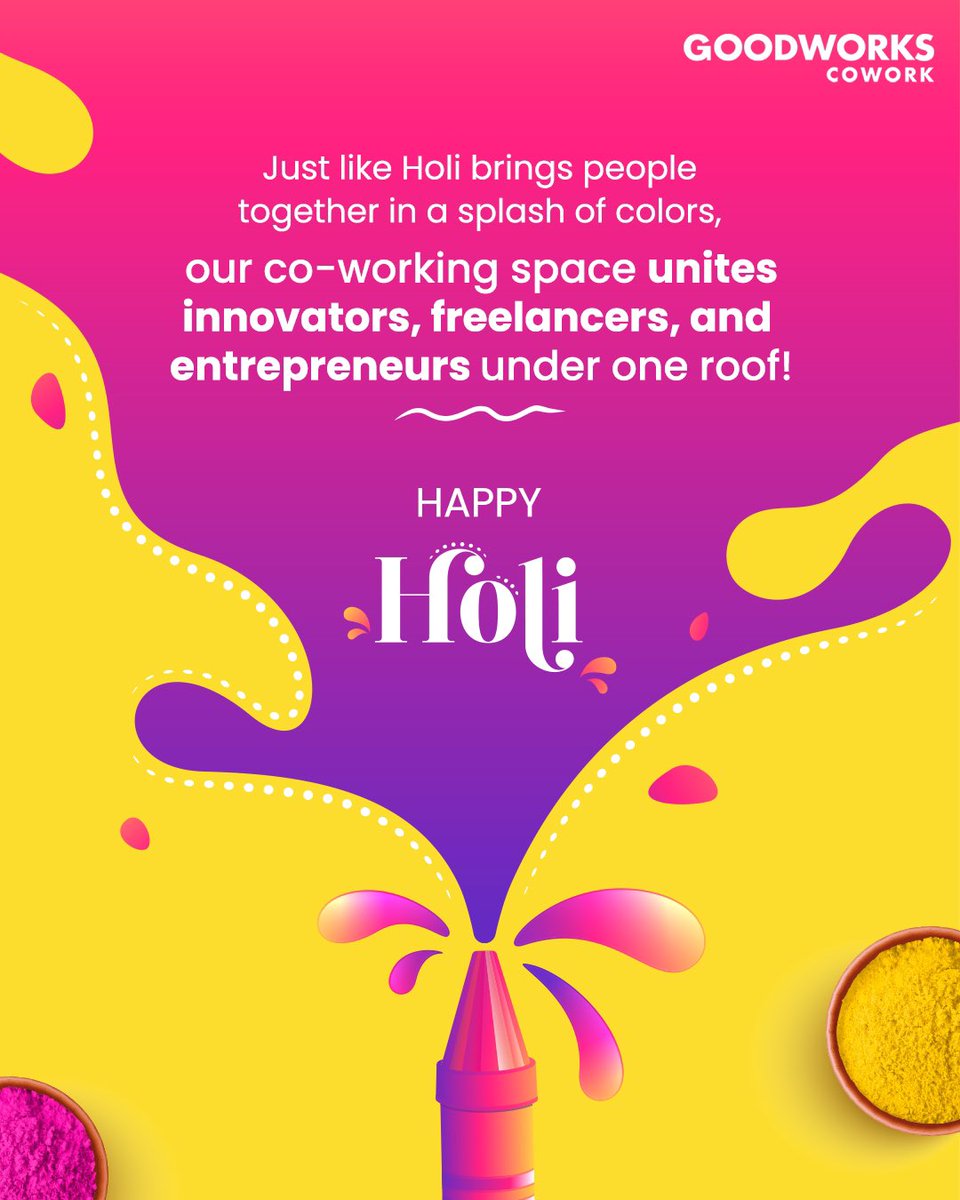 GoodWorksCoWork's tweet photo. 🌸✨ Celebrate the festival of colors with a vibrant community! Just like Holi brings people together, our coworking space fosters collaboration, creativity, and innovation. 🌟🎨

Wishing you a joyful and colorful Happy Holi! 🎉💼

#HappyHoli #CoworkingCommunity #GoodWorksCoWork https://t.co/xG9ACB2Mjm