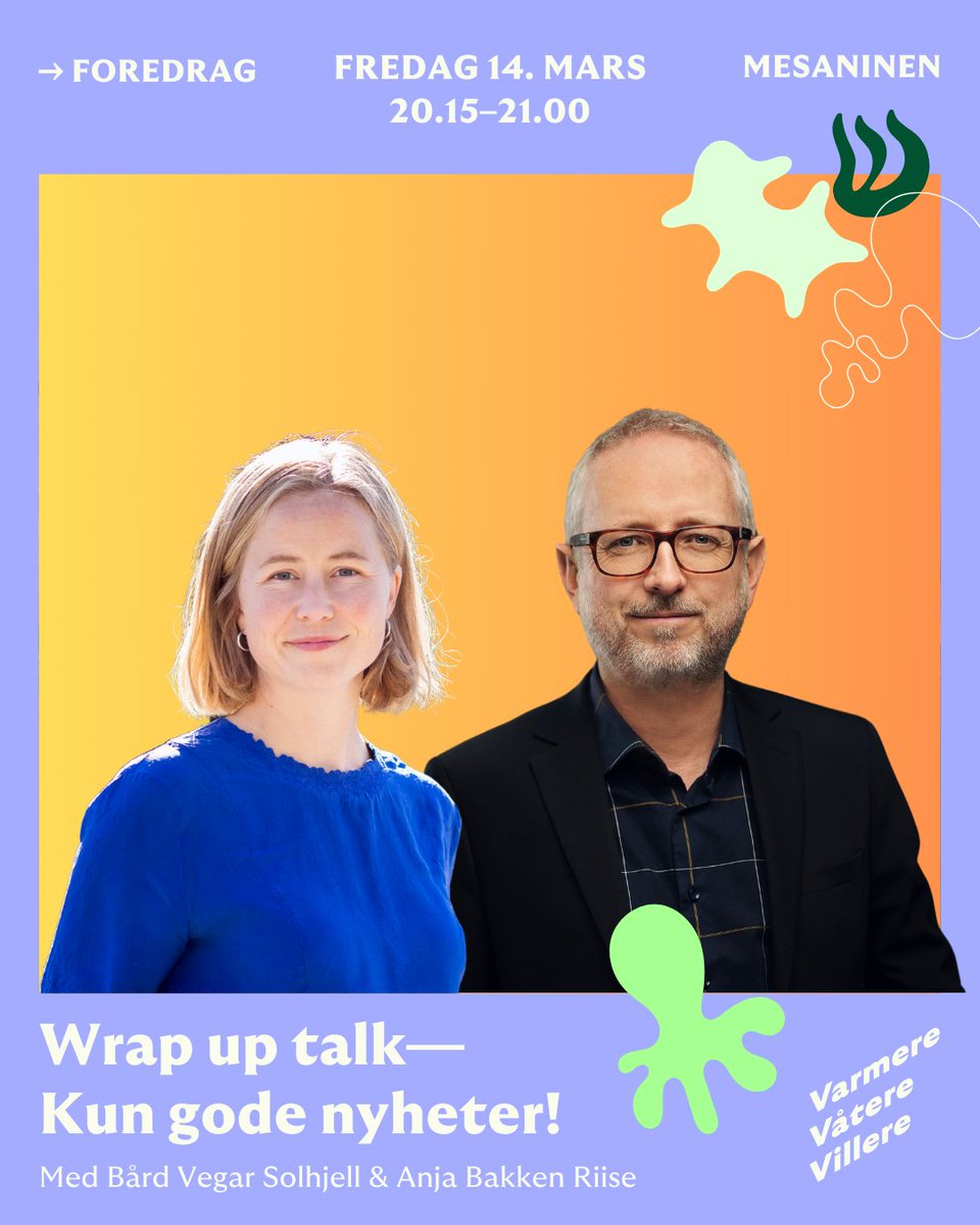 Norad (@noradno) on Twitter photo Trenger du noen gode nyheter om dagen? Bård Vegar Solhjell, direktør i Norad og Anja Bakken Riise, leder i Framtiden i våre hender gir deg klimafremskritt fra verden.
<a href="/bardvegar/">Bård Vegar Solhjell</a> <a href="/varmerevatere/">Varmere Våtere Villere</a>
👉 Les mer om klimafestivalen Varmere Våtere Villere: varmerevaterevillere.no/programoversik… Trenger du noen gode nyheter om dagen? Bård Vegar Solhjell, direktør i Norad og Anja Bakken Riise, leder i Framtiden i våre hender gir deg klimafremskritt fra verden.
<a href="/bardvegar/">Bård Vegar Solhjell</a> <a href="/varmerevatere/">Varmere Våtere Villere</a>
👉 Les mer om klimafestivalen Varmere Våtere Villere: varmerevaterevillere.no/programoversik…