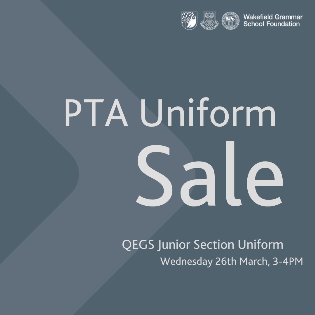 QEGS Junior section  is hosting a ‘Nearly New’ Uniform Sale on Wednesday 26th March.We’ll have a range of gently used   QEGS Junior section uniforms at discounted prices! See you there.🏫🎒

📍 Wakefield Grammar Pre-Prep, 3-4PM