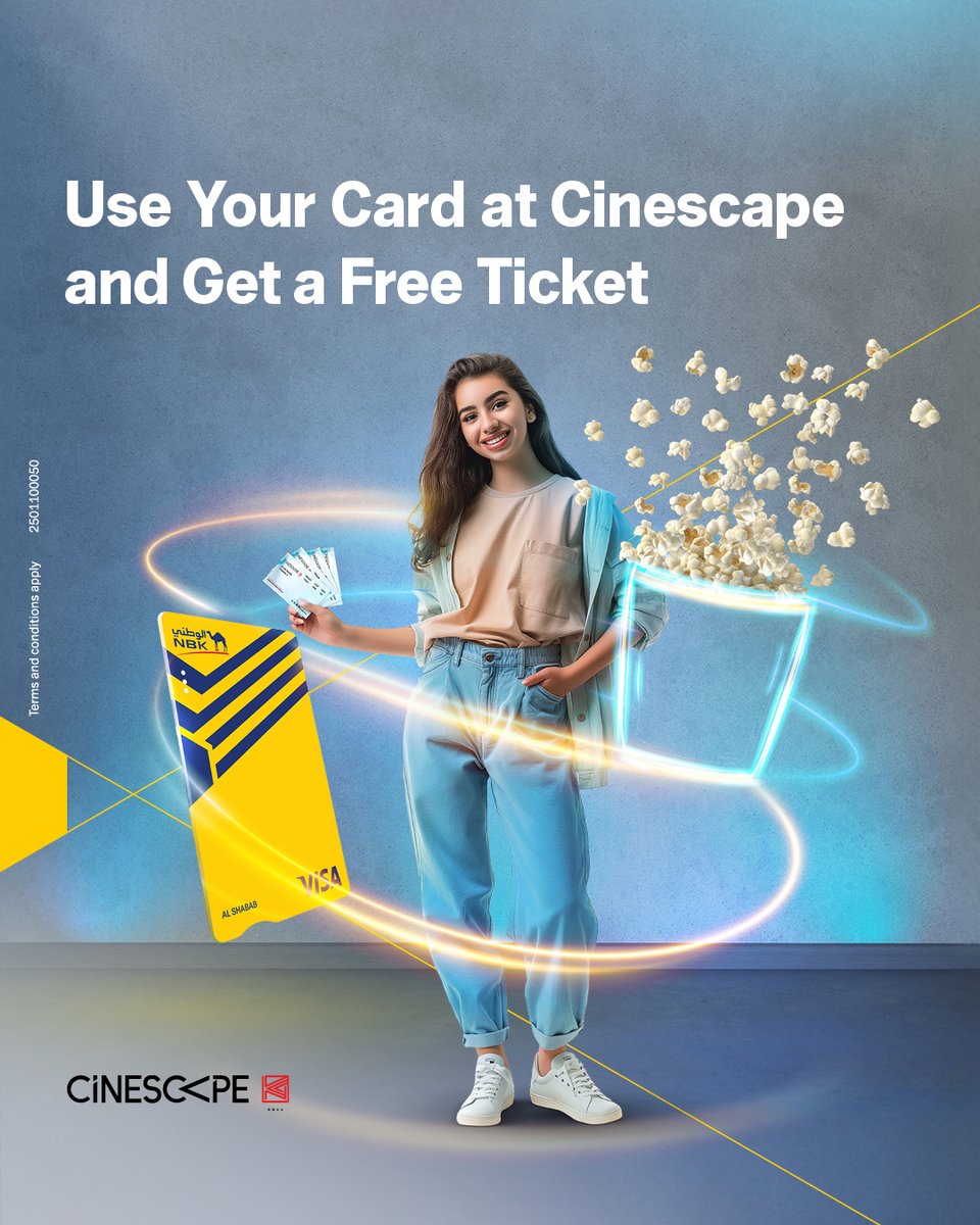 Buy a ticket from Cinescape and get the second ticket for free every Wednesday at The Avenues, 360 Mall, The Assima Mall and Al Khiran Mall when using your NBK Al Shabab Visa Prepaid Card. 🍿💳
T&amp;C apply
nbk.com/shabab_5