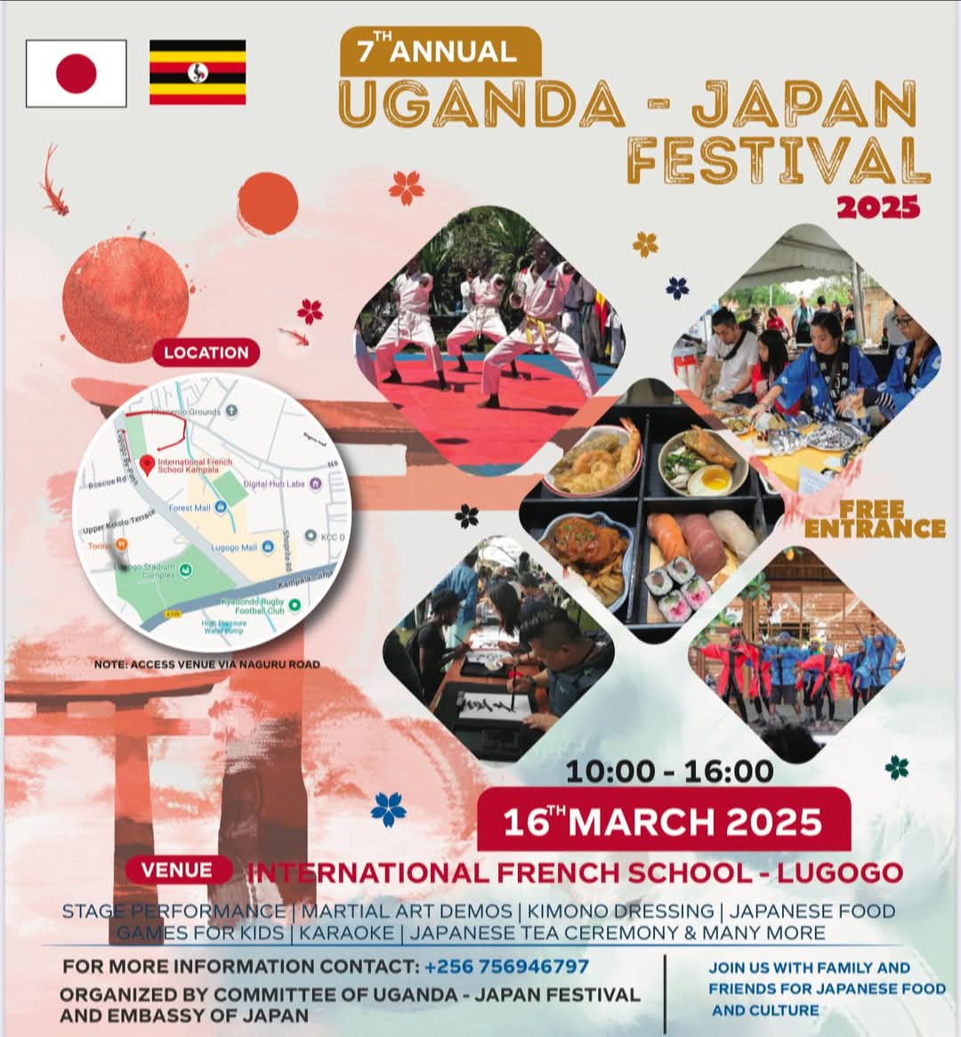 The Japanese Festival is on this Sunday, 16 March 2025 at International French school-Lugogo.
Do not miss Karate demonstration@12pm, Judo demonstration@1pm, singing competition and great Japanese food plus drinks. 
See you there!