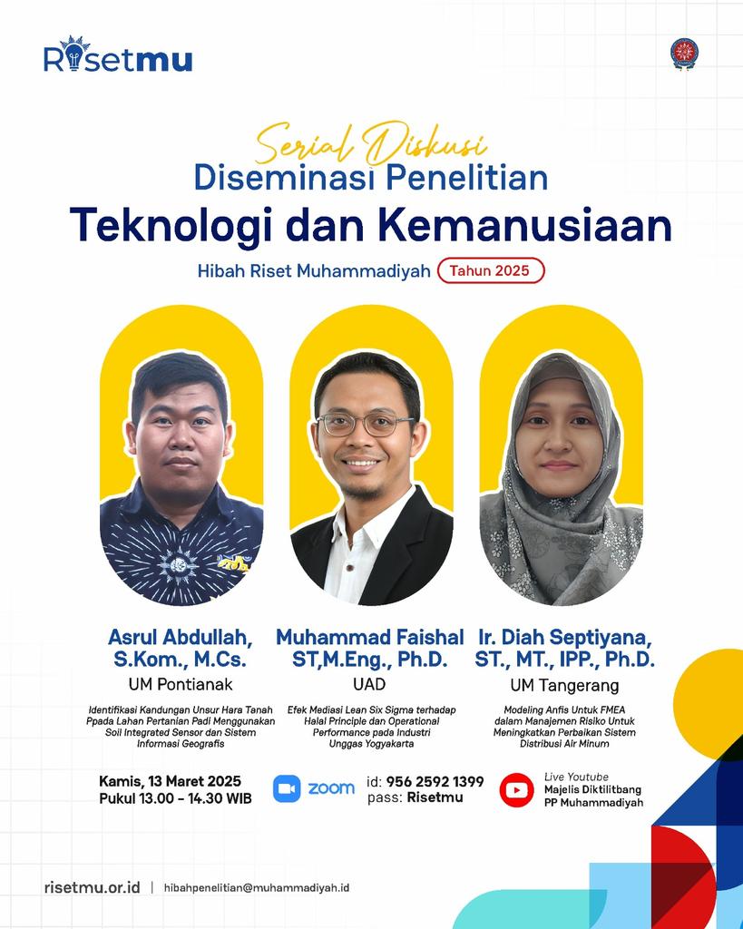 ✨️KAJIAN RISETMU✨️
Diseminasi Hibah Risetmu Tahun 2025 Serial Tadarus 03 🙌
Tema: Pendidikan dan Budaya

 📆 Hari/tanggal : Kamis, 13 Maret 2025
🕐 Waktu : 13.00 – 14.30 WIB
 
Youtube: Majelis Diktilitbang PP Muhammadiyah
 
#RisetMu #Diktilitbang #Muhammadiyah #PTMA