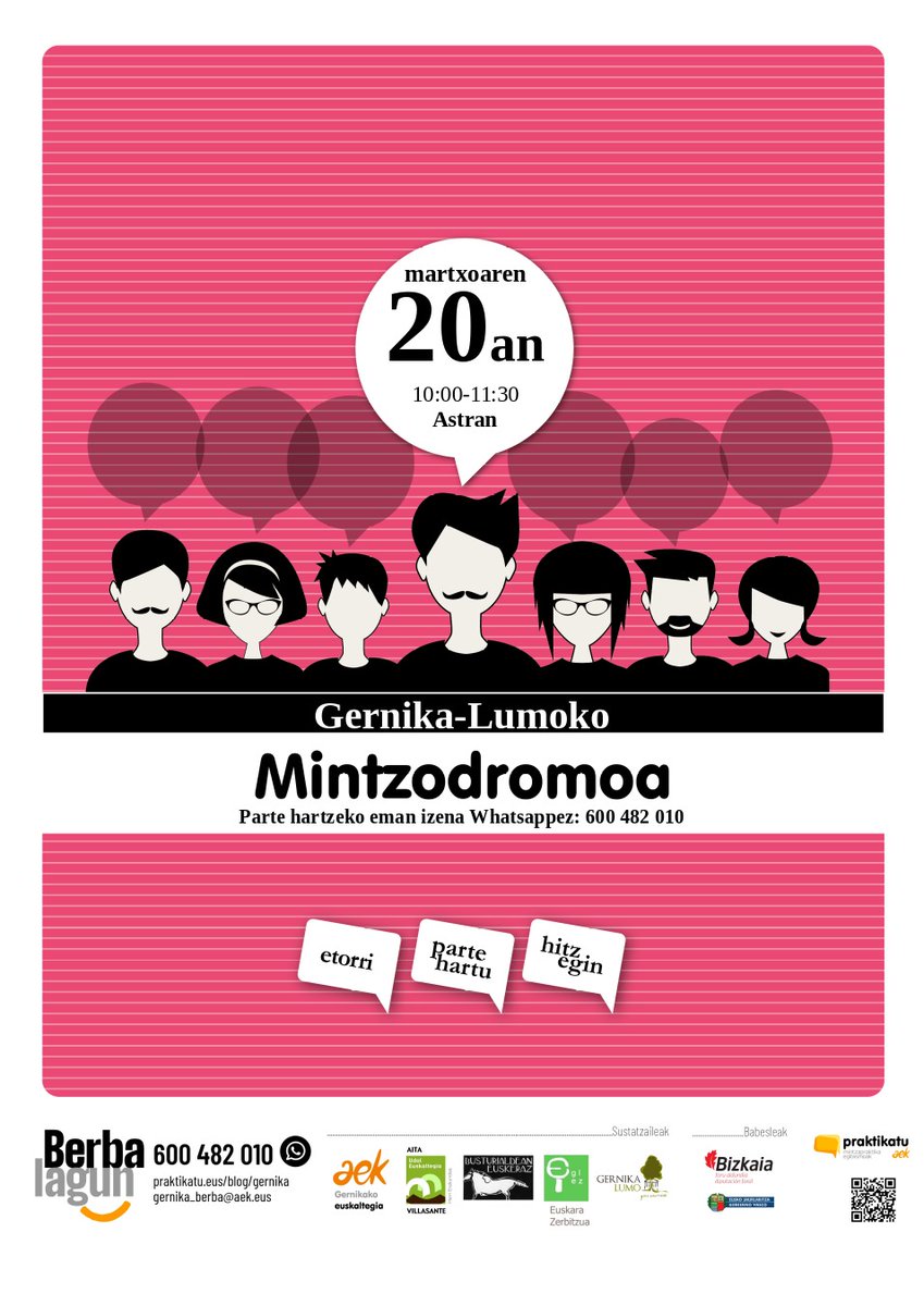*BIGARREN MINTZODROMOA*.

Ikasturteko lehenengoak izan zuen arrakasta ikusi ostean, bigarrenarekin gatoz. Hemen duzue informazio garrantzitsua:
📌 *Astran*
📆 *Martxoaren 20an*
⌚ *10:00-11:30*

✍️ *Izena emateko* Whatsappez: 600482010📱

Zatoz euskaraz ondo pasatzera! 😜🥳