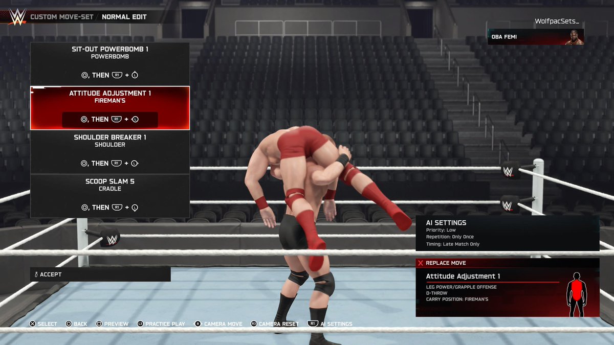 WolfpacSets_'s tweet image. Moves Update | 
Oba Femi 

One of the reasons why I enjoy creating movesets is because it’s cool to see wrestlers evolve and improve overtime when researching 

Added Attitude Adjustment 1
Moved Fireman’s Carry Backbreaker to Combos

Moveset AI Settings: ⬇️⬇️⬇️
#WWE2K25