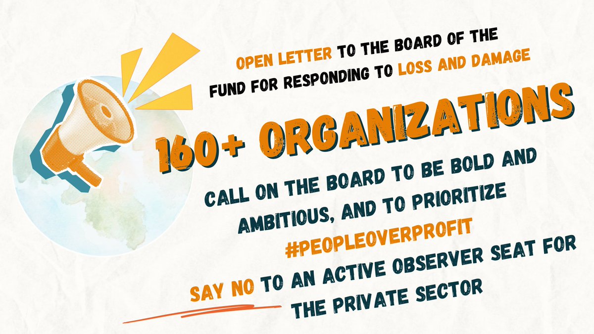 The Board of the #LossAndDamageFund is working on #Participation policies for civil society &amp; Indigenous Peoples. But it is also thinking of establishing an Active Observer seat for the private sector 😱.

160+ organizations are clear: #PeopleNotProfit:
ciel.org/wp-content/upl…