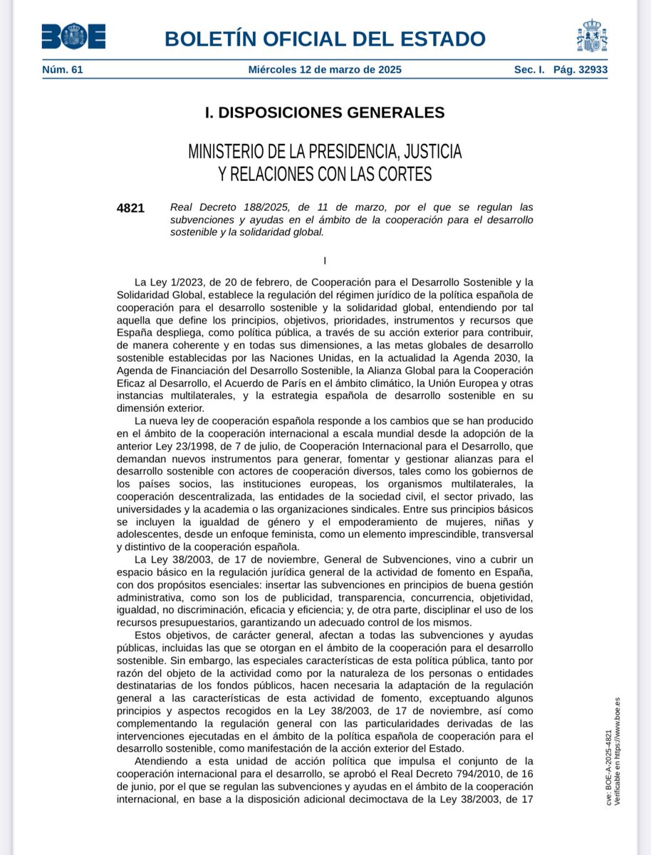 🗞️‼️Ya en el <a href="/boegob/">BOE</a> el nuevo Real Decreto 188/2025, de 11 de marzo, por el que se regulan las subvenciones y ayudas en el ámbito de la cooperación para el desarrollo sostenible y la solidaridad global

#SomosCooperación #CooperamosCambiamos 

👉boe.es/boe/dias/2025/…