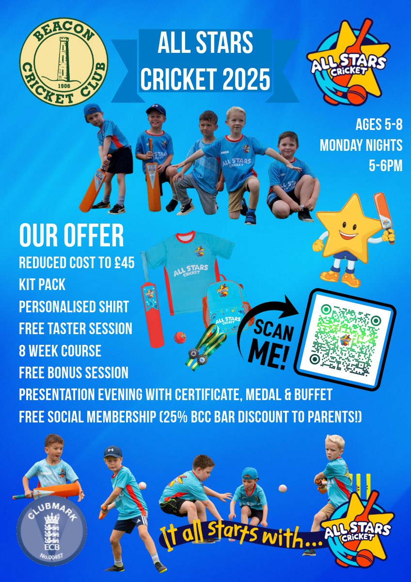 beaconcc's tweet image. Registration is open for @beaconcc’s 2025 @allstarscricket &amp;amp; @DynamosCricket programmes

Scan the QR codes on the attached posters, or follow the links below to sign up your child for a summer of fun

🌟All Stars ecb.clubspark.uk/AllStars/beaco…

💥 Dynamos ecb.clubspark.uk/Dynamos/beacon…

🌟💥🏏
