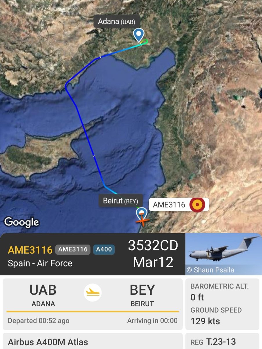LebanonJets's tweet photo. Video+ATC Military: #Spain AirForce A400M been in the region for a few days arrived from Adana Incirlik AirBase into Beirut & onwards to Zaragoza. Same aircraft here exactly 1 month ago #T23-13 hex #3532CD as #AME3116 ~700 Spanish troops in #UNIFIL +#Hermes450 arrived https://t.co/MwygSPGTq7