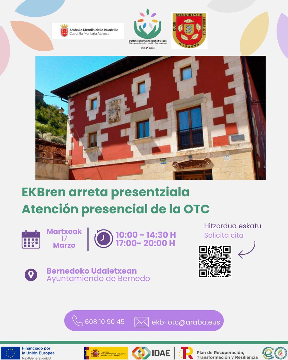 BERNEDO
Arabako Eraldaketa Komunitariorako Bulegoa martxan da jada.
📅 Martxoak 17, astelehena
📷10:00etatik 14:30era eta 17:00etatik 20:00etara
📷BERNEDOKO UDALA
📢 La Oficina de Transformación Comunitaria de Araba ya está en marcha.
arabakomendialdea.eus/eventos-agenda…