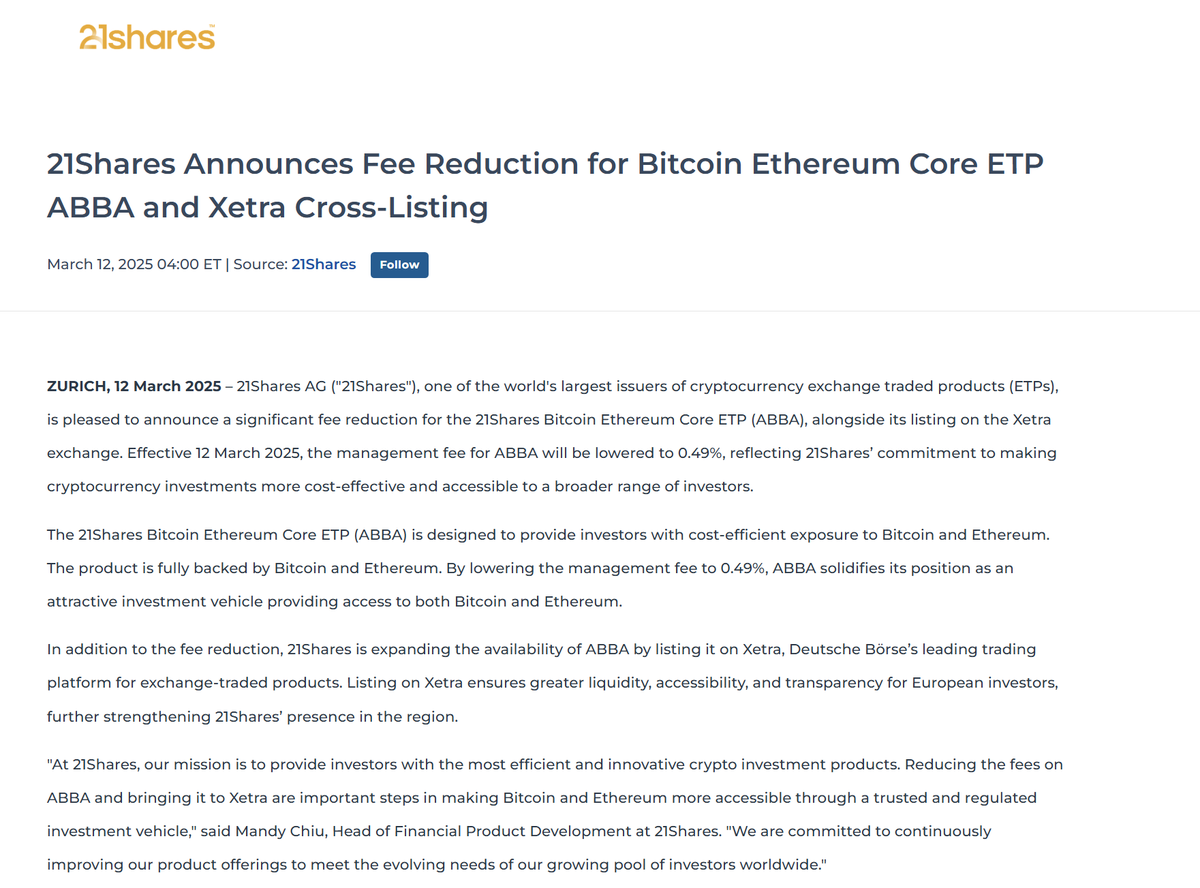 🔵 - MTC - "21Shares Riduce le Commissioni di Gestione per l'ETP su Bitcoin ed Ethereum: Un Passo Verso Investimenti Più Accessibili"