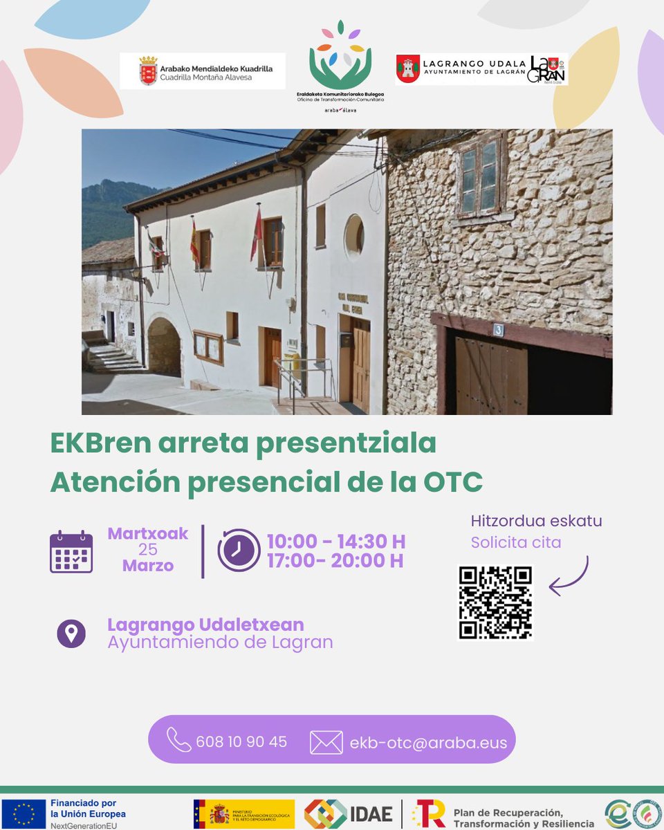 LAGRAN
📢Arabako Eraldaketa Komunitariorako Bulegoa martxan da jada
📅 Martxoak 25, asteartea
📷10:00etatik 14:30era eta 17:00etatik 20:00etara
📷LAGRANGO UDALA
📢 La Oficina de Transformación Comunitaria de Araba ya está en marcha
arabakomendialdea.eus/eventos-agenda…