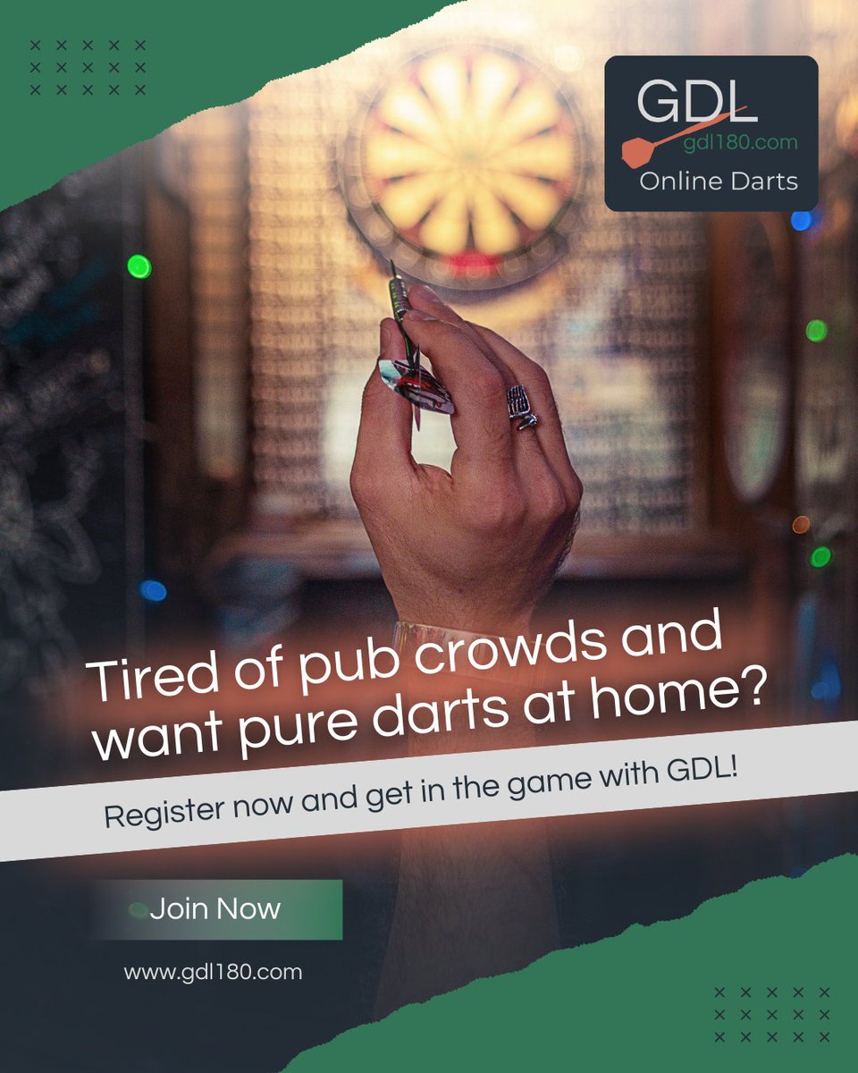 Tired of pub crowds and want pure darts at home? 🎯🍺

Join the GDL Tour and play proper darts from the comfort of your own home...

No overpriced pints, no queues for the loo, just pure competition.

Show 'em what you've got!

Register now: gdl180.com/register

#darts
