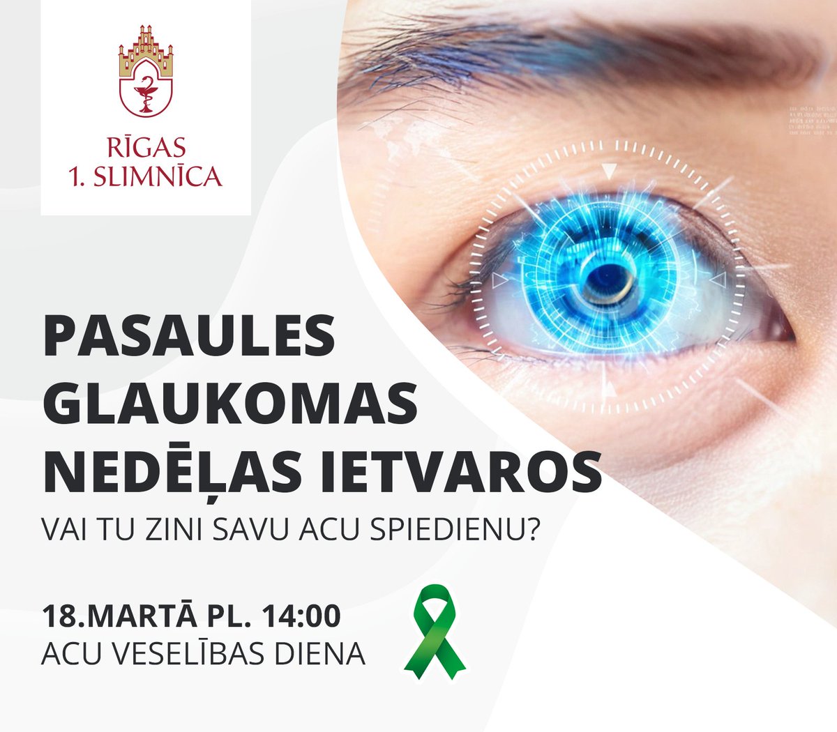 Lai veicinātu izpratni un uzzinātu vairāk par riskiem, kas                saistīti ar glaukomu, Pasaules Glaukomas nedēļas ietvaros, aicinām uz bezmaksas acu spiediena pārbaudi. Piesakies 67366323. Savlaicīgi atklājot glaukomu, redzes zudumu iespējams novērst! #worldglaucomaweek