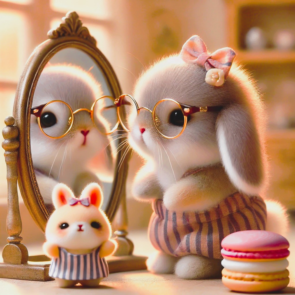 Let's change things up once in a while! 👓
I might meet a different version of myself! ✨

イメチェンしてみたい気分🎀
いつもと違う自分に出会えるかも？😊

#AI画像 #いやし #うさぎ #Aiart  #デジタルアート  #マカロン
