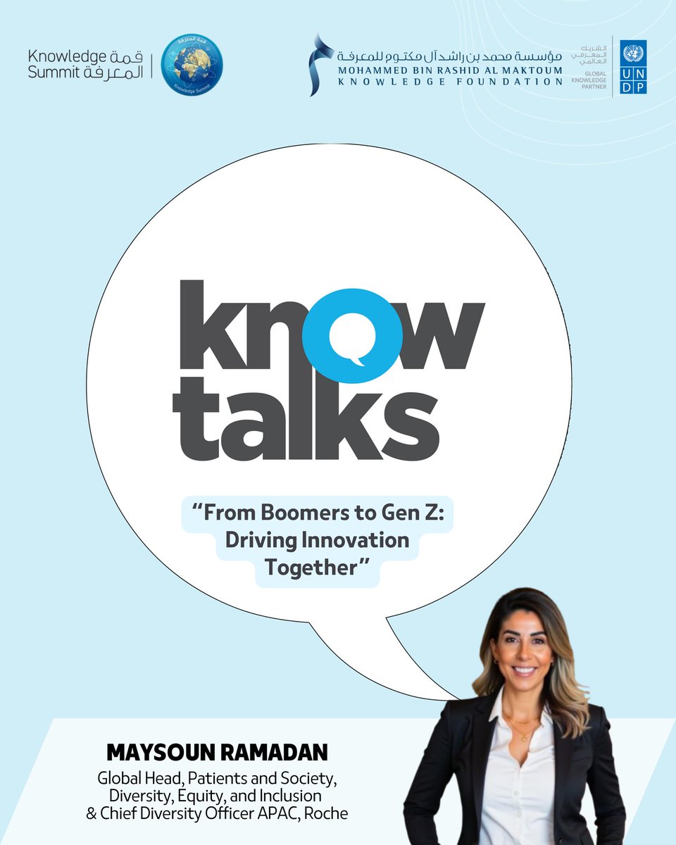 MBRF_Knowledge's tweet image. Maysoun Ramadan, Global Head of Patients and Society DE&amp;amp;I and Chief Diversity Officer for Asia Pacific, will share her valuable insights in the upcoming #KnowTalks session titled &quot;From Boomers to Gen Z: Driving Innovation Together.&quot; She will discuss critical topics such as the…