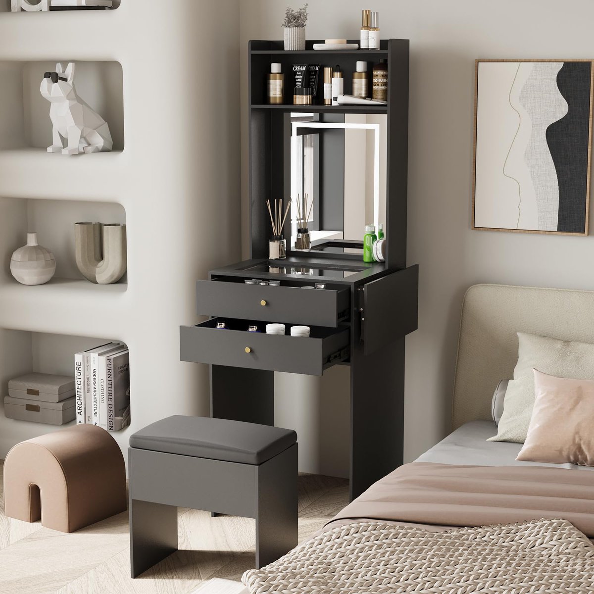 Elecwish_us's tweet photo. Small Vanity Desk Set with 3 Adjustable Lighted Mirror and Storage Chair https://t.co/8hR4zRR7Nc