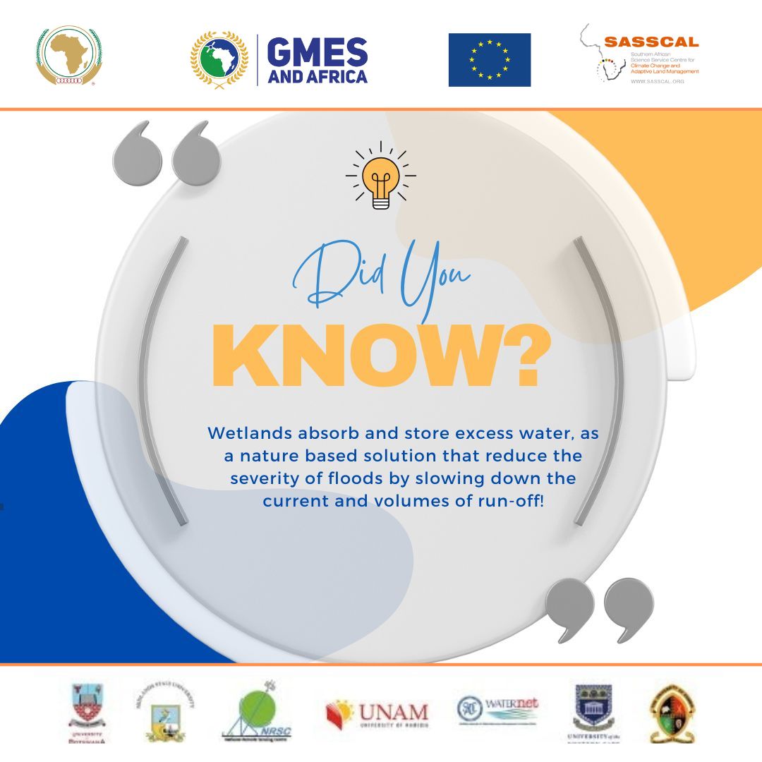 SASSCAL_ORG's tweet image. Did you know?

🌍💧 Wetlands are nature’s flood control heroes! 🌿 They absorb&amp;amp; store excess water, providing a nature based solution to reduce flood severity and slow down runoff. 🌊
#SASSCAL is leading the change to manage wetlands across Southern Africa through the #WeMAST