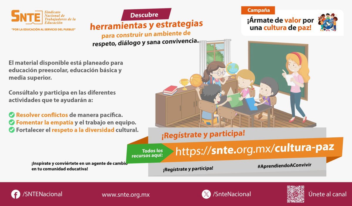 ¡Á𝕣𝕞𝕒𝕥𝕖 𝕕𝕖 𝕧𝕒𝕝𝕠𝕣 𝕡𝕠𝕣 𝕦𝕟𝕒 𝕔𝕦𝕝𝕥𝕦𝕣𝕒 𝕕𝕖 𝕡𝕒𝕫!

👩🏻‍🏫👨🏻‍🏫Descubre herramientas y estrategias para la construcción de un ambiente escolar lleno de respeto, diálogo y sana conviviencia. 
¡Regístrate y participa!
🔗acortar.link/V9Mxmm
#AprendiendoAConvivir