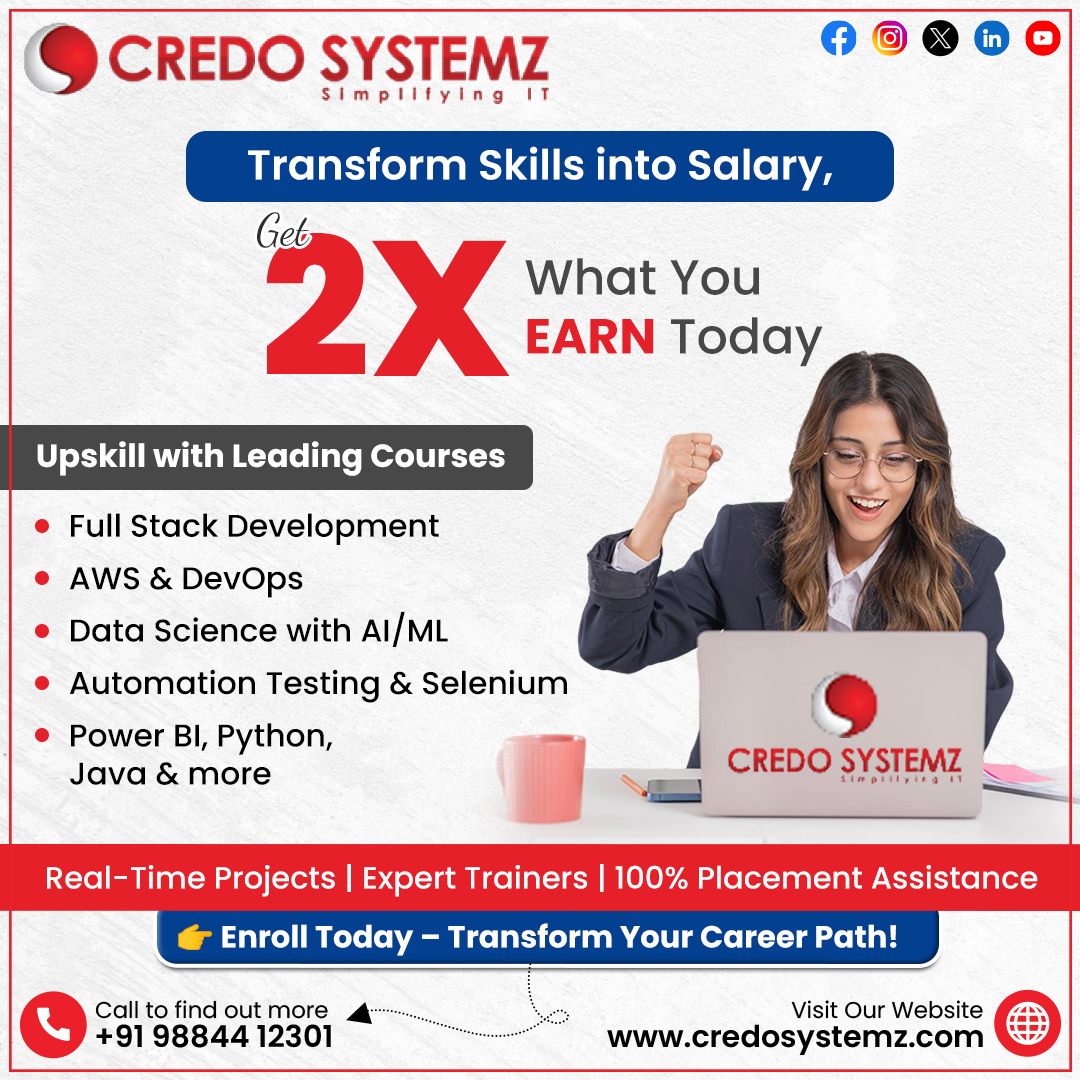 credosystemz's tweet image. 💼✨ Transform Your Skills into 2X Salary with Credo Systemz!
 📞 Call: +91 98844 12301
 🌐 Visit: credosystemz.com
 💼 Upskill Today – Secure Your Dream Job Tomorrow!
#credosystemz #ittraininginstitute #techskillsupgrade #careertransformation #fullstackdevelopmentcourse