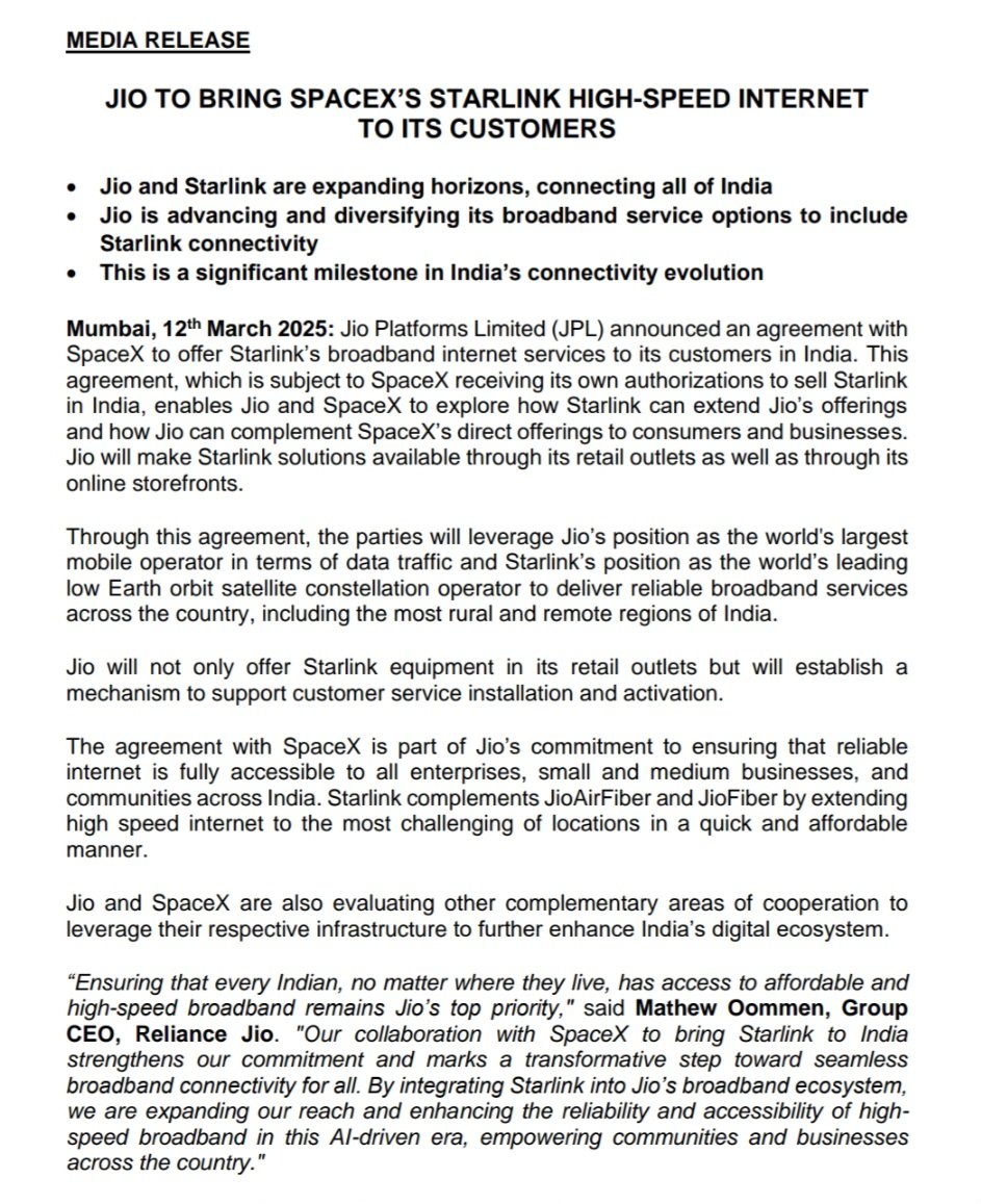 After <a href="/airtelindia/">airtel India</a> yesterday, now <a href="/reliancejio/">Reliance Jio</a> announces partnership with <a href="/SpaceX/">SpaceX</a> to bring high-speed Internet to India. Was it a surprise?...<a href="/businessline/">businessline</a> <a href="/TRAI/">TRAI</a> <a href="/DoT_India/">DoT India</a>