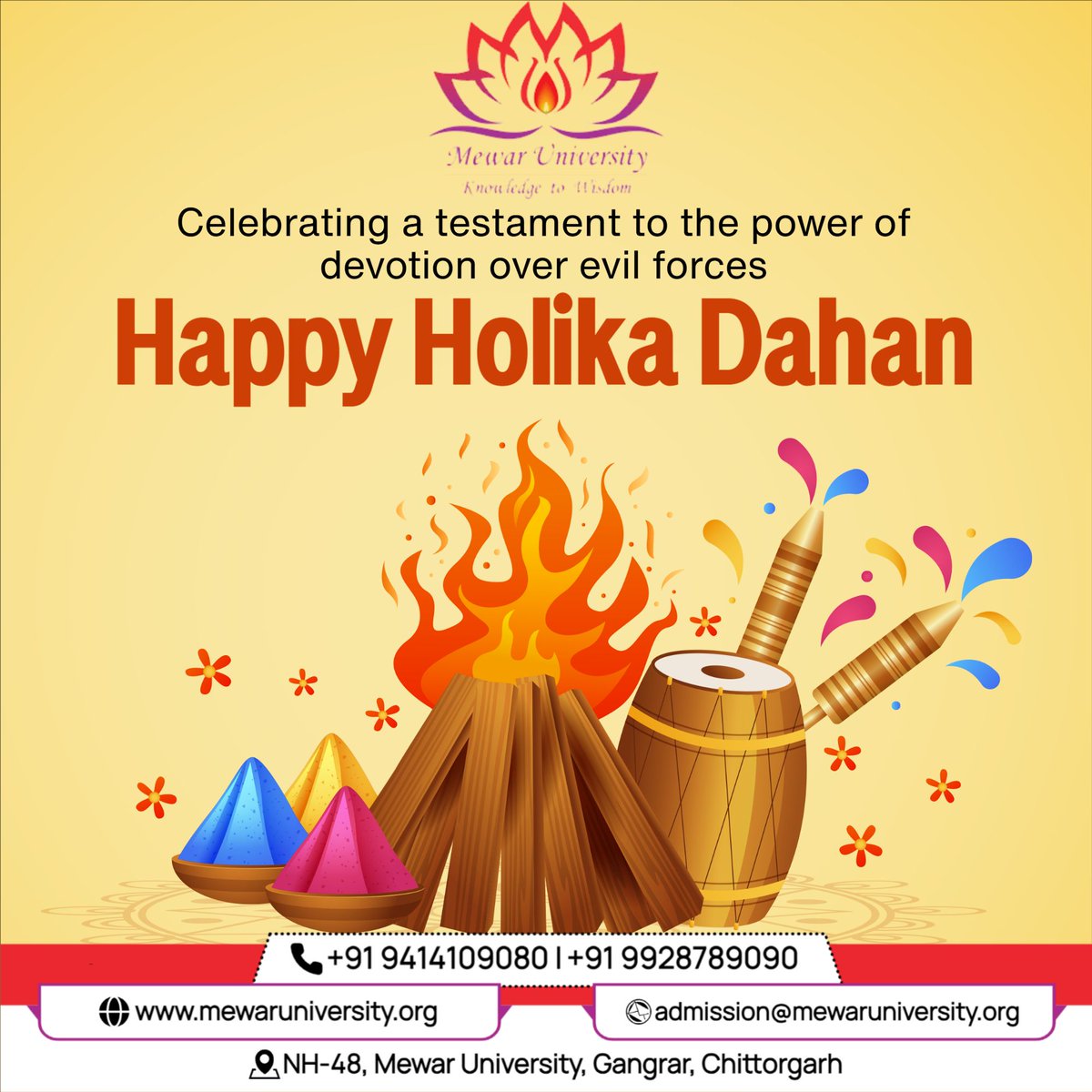 universitymewar's tweet photo. 🔥 Burn away all your fears and doubts in the flames of Holika Dahan. Let the festival of colors bring you joy and positivity! 🌸✨
#HappyHolikaDahan #FestivalOfColors #HolikaDahan2025 #VictoryOfGoodOverEvil #MewarUniversity #TopUniversityInRajasthan #KnowledgeToWisdom https://t.co/DkhB6Us83M