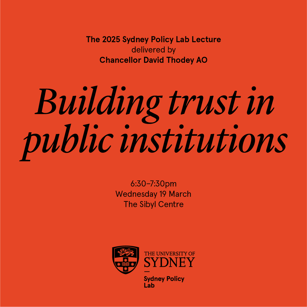 Sydney Policy Lab (@sydneypolicylab) on Twitter photo We live in a time where trust can be scarce. Join Chancellor David Thodey AO for the Sydney Policy Lab lecture as he reflects on the essential ingredients of trust, and what they mean for <a href="/Sydney_Uni/">University of Sydney</a> and communities we serve.
Register: lnkd.in/giMKaVwg We live in a time where trust can be scarce. Join Chancellor David Thodey AO for the Sydney Policy Lab lecture as he reflects on the essential ingredients of trust, and what they mean for <a href="/Sydney_Uni/">University of Sydney</a> and communities we serve.
Register: lnkd.in/giMKaVwg