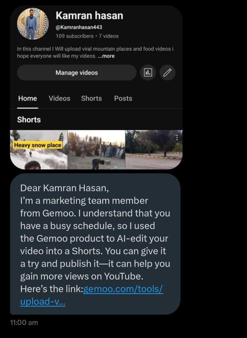 Marketing should be like what the Gemoo team did: They messaged me on X to promote their Gemoo AI video editing software, but I didn’t pay much attention.

Then, this guy went the extra mile—he found my channel, edited a Shorts video for me, and sent it over.
Now that’s the kind
