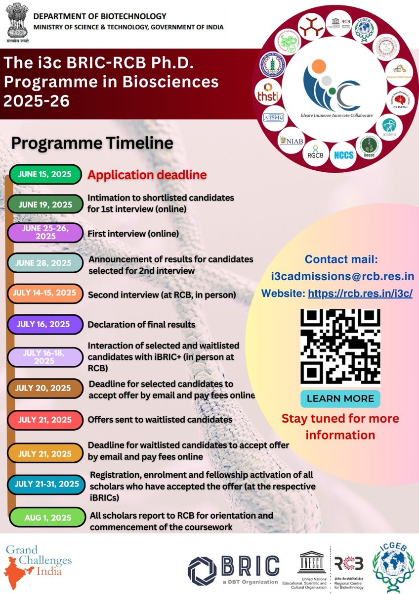 unescorcb's tweet photo. Learn with #i3c - ideation, innovation, immersion &amp; collaboration!
Announcing the timeline of the i3c BRIC-RCB PhD programme in #Biosciences 2025-26. The 2025-26 session commences this Aug. We shall be sharing the admission dates soon.
#i3cBricRCB #PhDprogram https://t.co/8miLWfqsD3