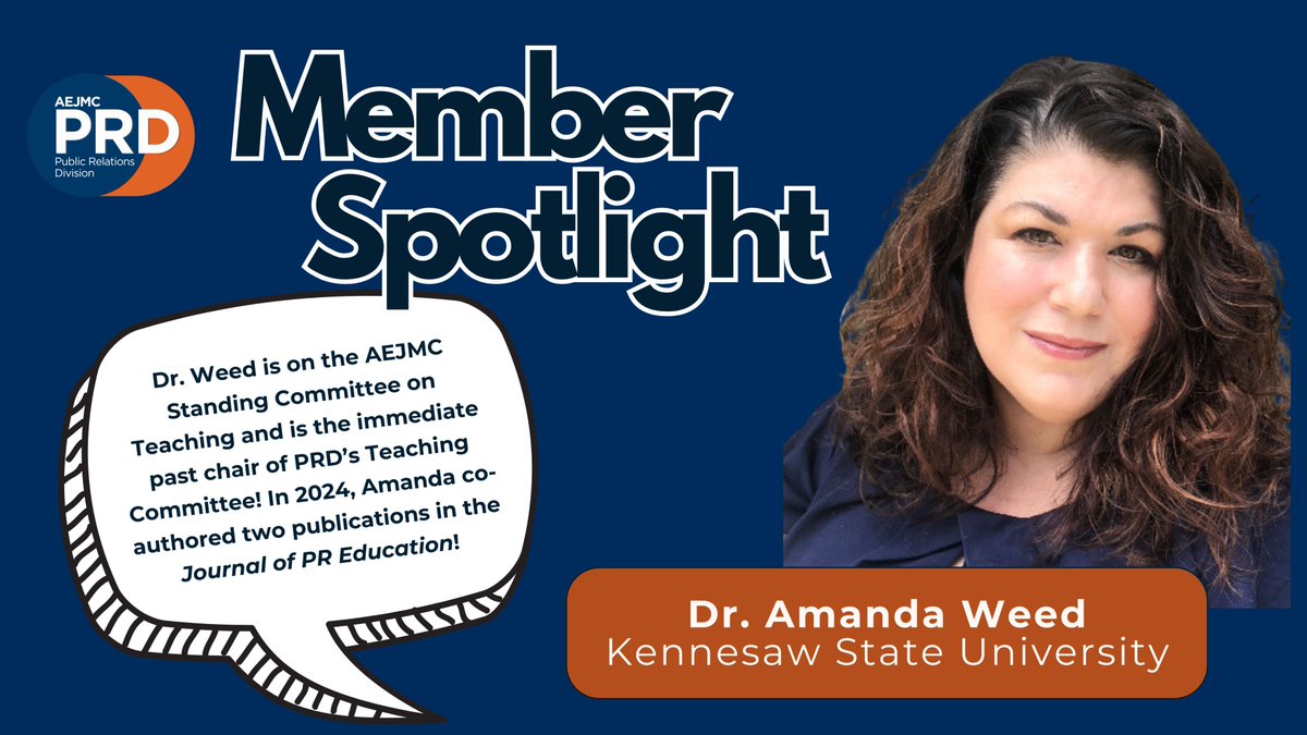 AEJMC_PRD's tweet image. 🌟Member Spotlight: Amanda Weed (@amandajweed), Associate Professor at @kennesawstate! Dr. Weed has fostered engagement in our PRD community through innovative programs, leadership roles, and research that has strengthened approaches to PR education! #MemberSpotlight #PRD
