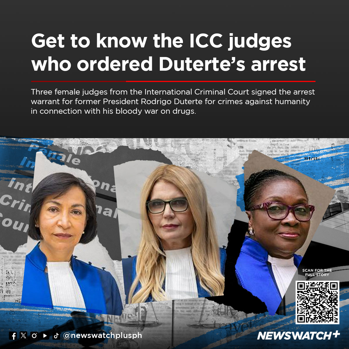 A copy of former President Rodrigo Duterte's arrest warrant from the International Criminal Court (ICC) obtained by the media reveals that the order was signed by three female judges: Iulia Antoanella Motoc, Reine Adelaide Sophie Alapini-Gansou, and Maria del Socorro Flores