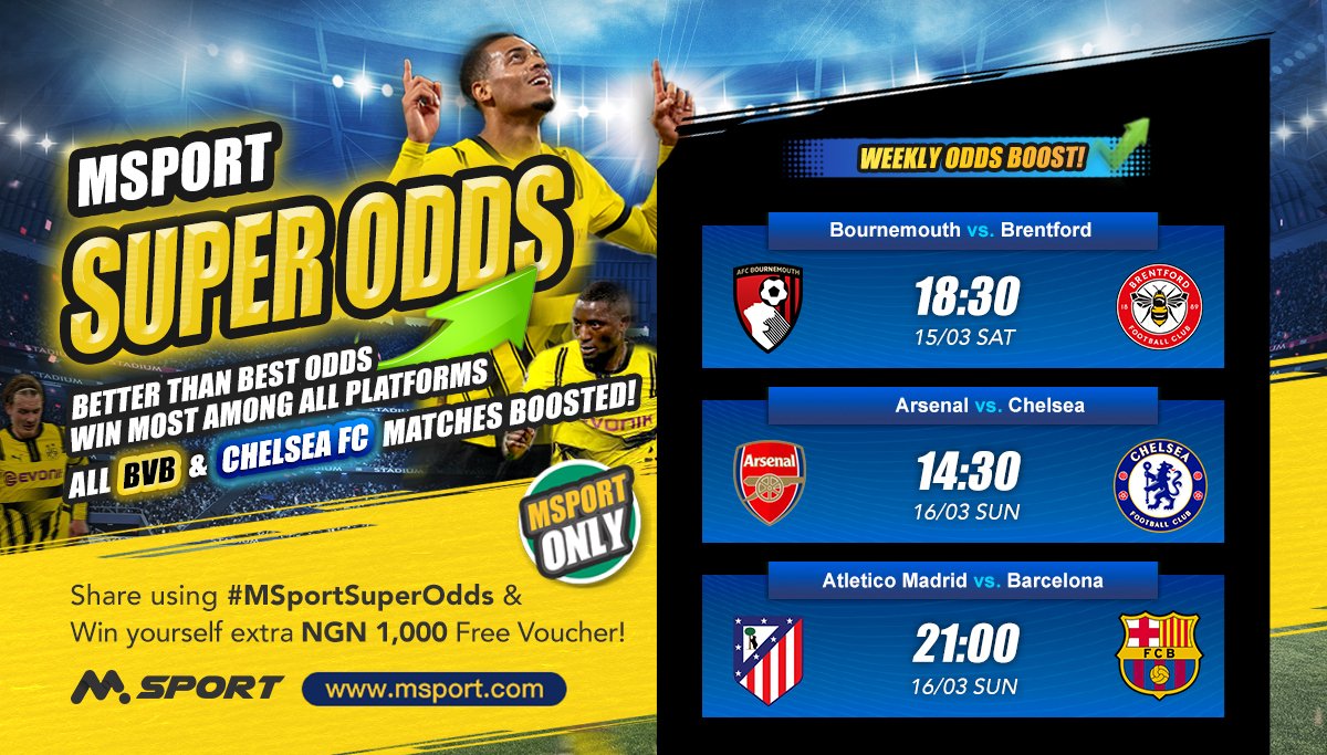 MSport (@msportofficial) on Twitter photo Here are the ๐ง๐ผ๐ฝ ๐ฏ matches currently boosted to Super Odds Matches across all platforms!๐ฅฐ๐ทStand a chance to win a โฆ๐ญ๐ฌ๐ฌ๐ฌ ๐๐ผ๐๐ฐ๐ต๐ฒ๐ฟ by sharing your thoughts using #๐ ๐ฆ๐ฝ๐ผ๐ฟ๐๐ฆ๐๐ฝ๐ฒ๐ฟ๐ข๐ฑ๐ฑ๐ & ๐ญ๐ฌ ๐น๐๐ฐ๐ธ๐ ๐๐ถ๐ป๐ป๐ฒ๐ฟ๐ will be selected randomly. Donโt miss Here are the ๐ง๐ผ๐ฝ ๐ฏ matches currently boosted to Super Odds Matches across all platforms!๐ฅฐ๐ทStand a chance to win a โฆ๐ญ๐ฌ๐ฌ๐ฌ ๐๐ผ๐๐ฐ๐ต๐ฒ๐ฟ by sharing your thoughts using #๐ ๐ฆ๐ฝ๐ผ๐ฟ๐๐ฆ๐๐ฝ๐ฒ๐ฟ๐ข๐ฑ๐ฑ๐ & ๐ญ๐ฌ ๐น๐๐ฐ๐ธ๐ ๐๐ถ๐ป๐ป๐ฒ๐ฟ๐ will be selected randomly. Donโt miss