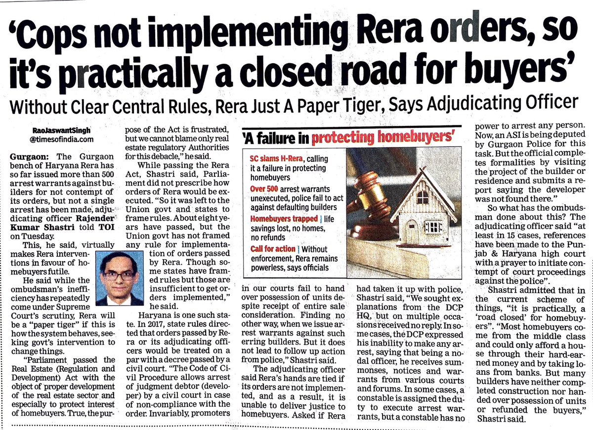RaoJSinghTOI's tweet photo. RERA orders, but no action! Over 500 arrest warrants issued against builders, yet not a single arrest—homebuyers left stranded, justice denied. #HomebuyersTrapped #RERAFailure #JusticeDelayed #NoActionAgainstBuilders #GurgaonRealEstate #HousingCrisis #AccountabilityNow @PMOIndia https://t.co/jvLpggtqD7