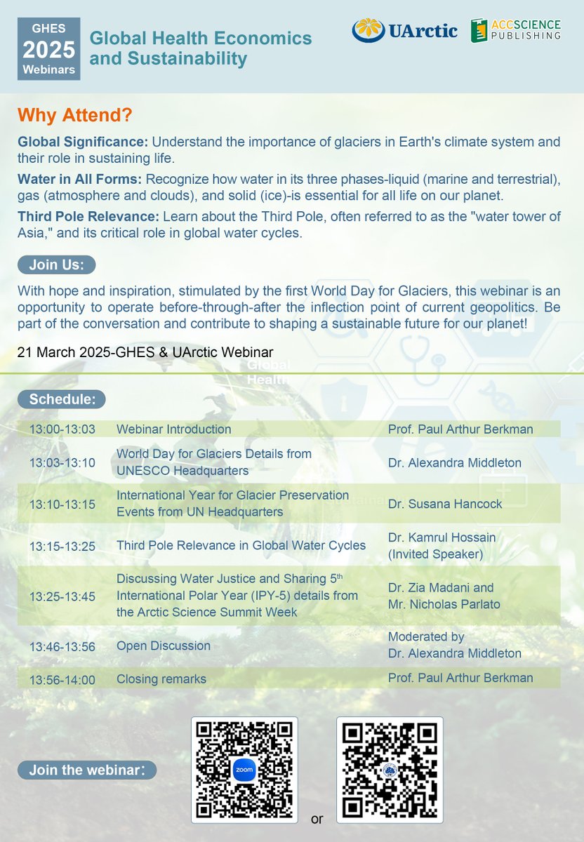 GHES_ASP's tweet image. GHES 2025 Webinars│First World Day for Glaciers (21 March 2025): Planning Toward the 5th International Polar Year (IPY-5) 2032-2033
Time: Mar 21, 2025 01:00 PM (CET)
Join Zoom Meeting:
zoom.us/j/91862729123?…
Meeting ID: 918 6272 9123
Passcode: 148138
Welcome to the webinar!