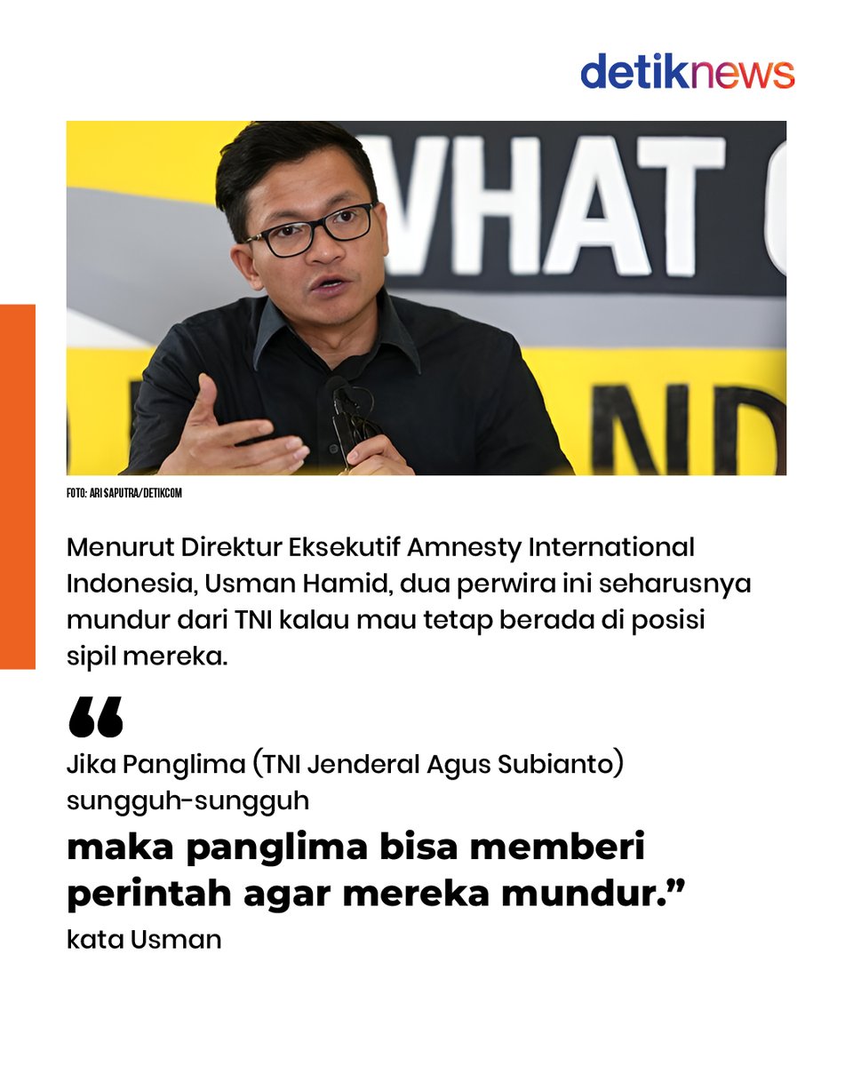 detikcom's tweet photo. Mereka pun diminta mundur dari TNI jika ingin tetap berada di jabatan tersebut. Tapi, kenapa hal ini jadi sorotan? Dan bagaimana tanggapan Panglima TNI?
Baca detailnya di bawah ini! https://t.co/hzdxRKx6D2
#detiknews #TNI #Amnesty #SeskabTeddy #DirutBulog https://t.co/0RnMxfOIBu