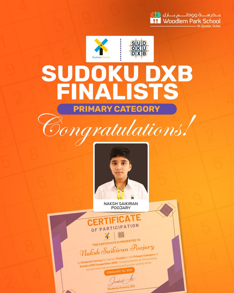 woodlemdubai's tweet image. 🎉 Sudoku DXB 2025 Finalists! 🎉

Congrats to Afana Mohammed (High School) &amp;amp; Naksh Saikiran (Primary) for their outstanding logic &amp;amp; puzzle-solving skills! 🧩👏 You shined among UAE’s best! 🌟

#SudokuDXB2025 #WPSD #PuzzleMasters #FutureChampions