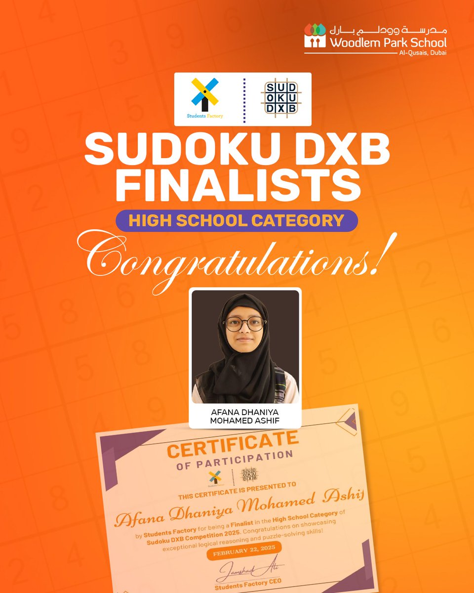 woodlemdubai's tweet image. 🎉 Sudoku DXB 2025 Finalists! 🎉

Congrats to Afana Mohammed (High School) &amp;amp; Naksh Saikiran (Primary) for their outstanding logic &amp;amp; puzzle-solving skills! 🧩👏 You shined among UAE’s best! 🌟

#SudokuDXB2025 #WPSD #PuzzleMasters #FutureChampions
