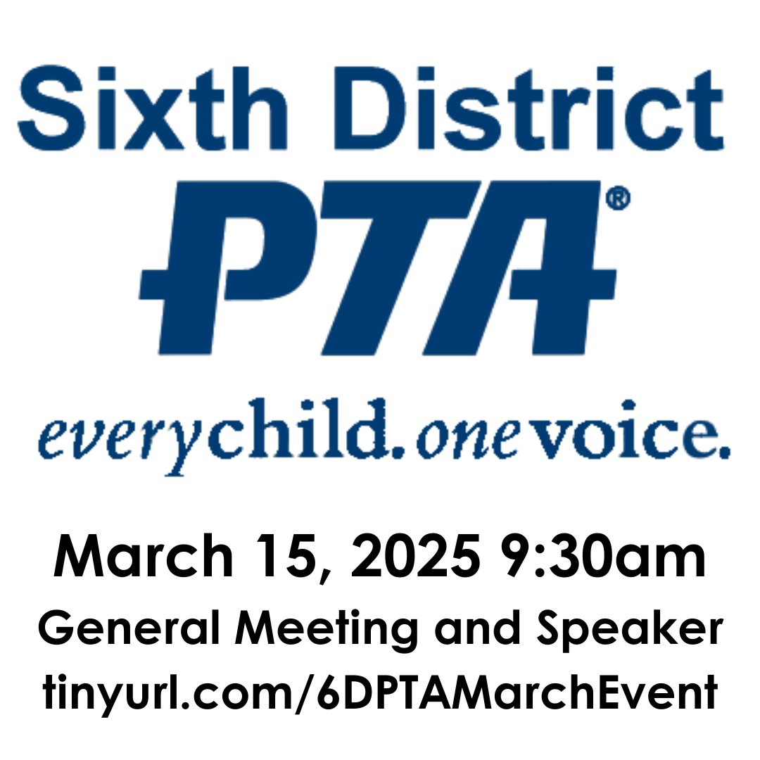 Sat, March 15, 2025 10AM
Cupertino Community Hall, 10350 Torre Ave

Free event, light refreshments

10 am Sixth District PTA Meeting (2025-27 Election)
10:30am Speaker: Trudi McCanna

Parents and Teachers: Uniting to Fill the Void in School Safety

> tinyurl.com/6DPTAMarchEvent