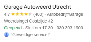 Zo, dát is fijn! De 400-ste Google review binnen ;-)  

Met ruim 5000 auto's (!) per jaar in onze werkplaats waar ons team van 14 vakmensen aan werken mag, mogen we ons gelukkig prijzen! #tevredenheid

Trots op het team, trots op de hoge kwaliteit!

#Vakgarage #Autoweerd #Utrecht