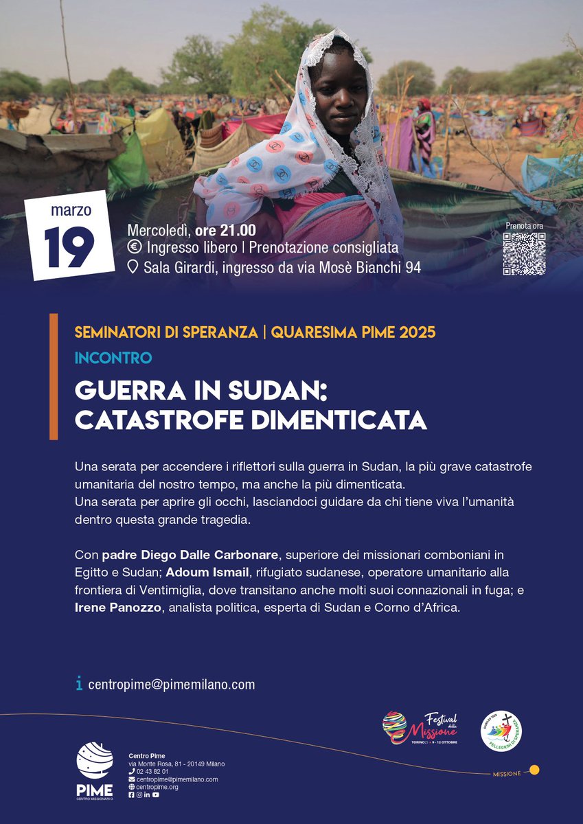 Nei prossimi gg il conflitto in #Sudan e sua terribile crisi umanitaria al centro di due eventi a cui parteciperò. Titoli simili e necessari
A #Roma sab 15/3, ore 18.30, libreria Ubik via Barbieri 7.
A #Milano merc 19/3, ore 21, Centro PIME, Sala Girardi, via Mosè Bianchi 94.