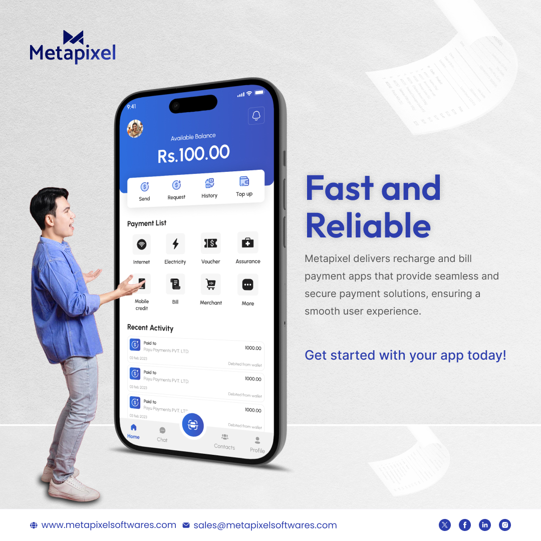 Meta_pixels's tweet image. Recharge &amp;amp; Bill Payment App!

Metapixel delivers apps that provide seamless and secure payment solutions, ensuring a smooth user experience.

Get started with your app today!
tinyurl.com/mr4583cr

#BillPaymentApp #RechargeSolutions #MetapixelSoftwares #DigitalPayments