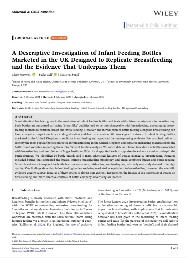 BeckyMSelf's tweet photo. ⭐️New Paper⭐️
🍼Our findings suggest that the evidence behind UK marketing for bottles designed to replicate #breastfeeding is often scarce, misleading, and inadequate.

➡️https://t.co/8FX8gb5sVN

#InfantFeeding #MaternalHealth @LJMU_IHR @LJMU_Health @LJMUResearch https://t.co/LmS6w20ZYK