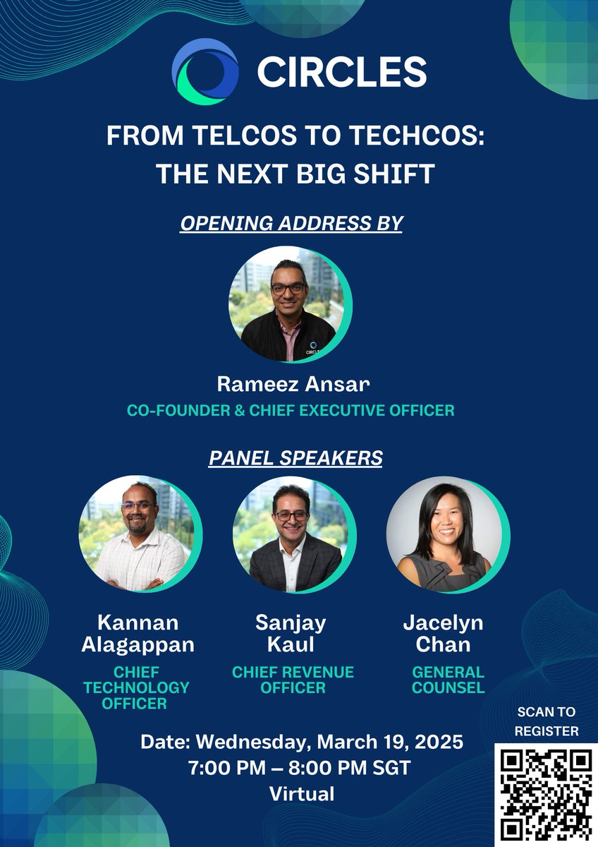 CirclesSaaS's tweet photo. 🚀 Ready to redefine industries? Join our webinar, "From Telco to Techco: The Next Big Shift," and hear from Circles leaders about the future of tech-driven telcos.

🌐 Don’t miss out—RSVP by March 17, 12pm SGT: https://t.co/bL6edDSP4r

#Tech #Innovation #Telco #CareerGrowth https://t.co/ynhnrBLh4Y