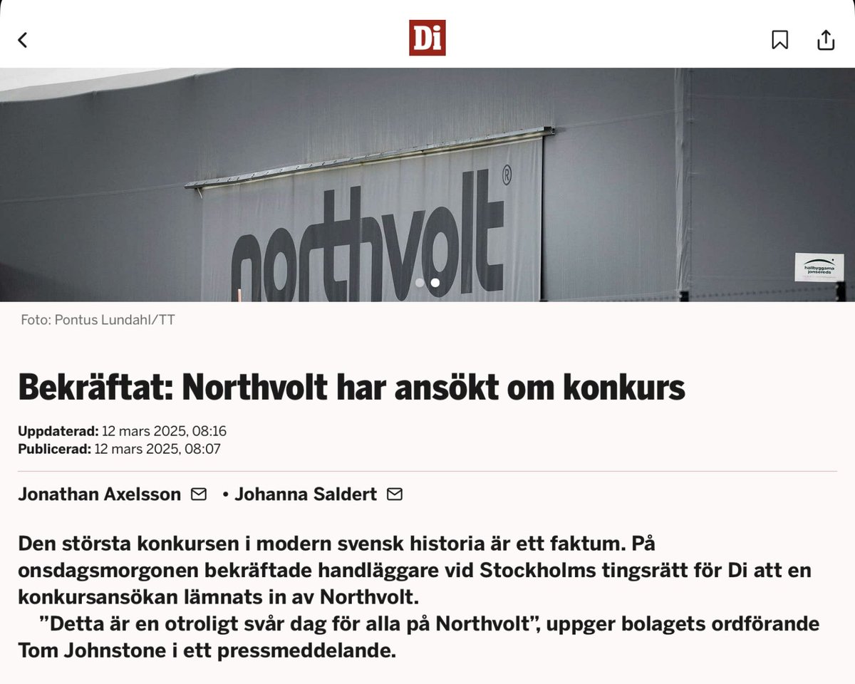moderatkarlsson's tweet image. Northvolt i konkurs – nu är Socialdemokraternas “gröna mirakel” en dyr mardröm för svenska pensionssparare.

Magdalena Andersson, du sa att batterifabrikerna i norr aldrig hade blivit av utan regeringens “piska och morötter”.

❌ Vad menade du egentligen?
❌ Vilka påtryckningar