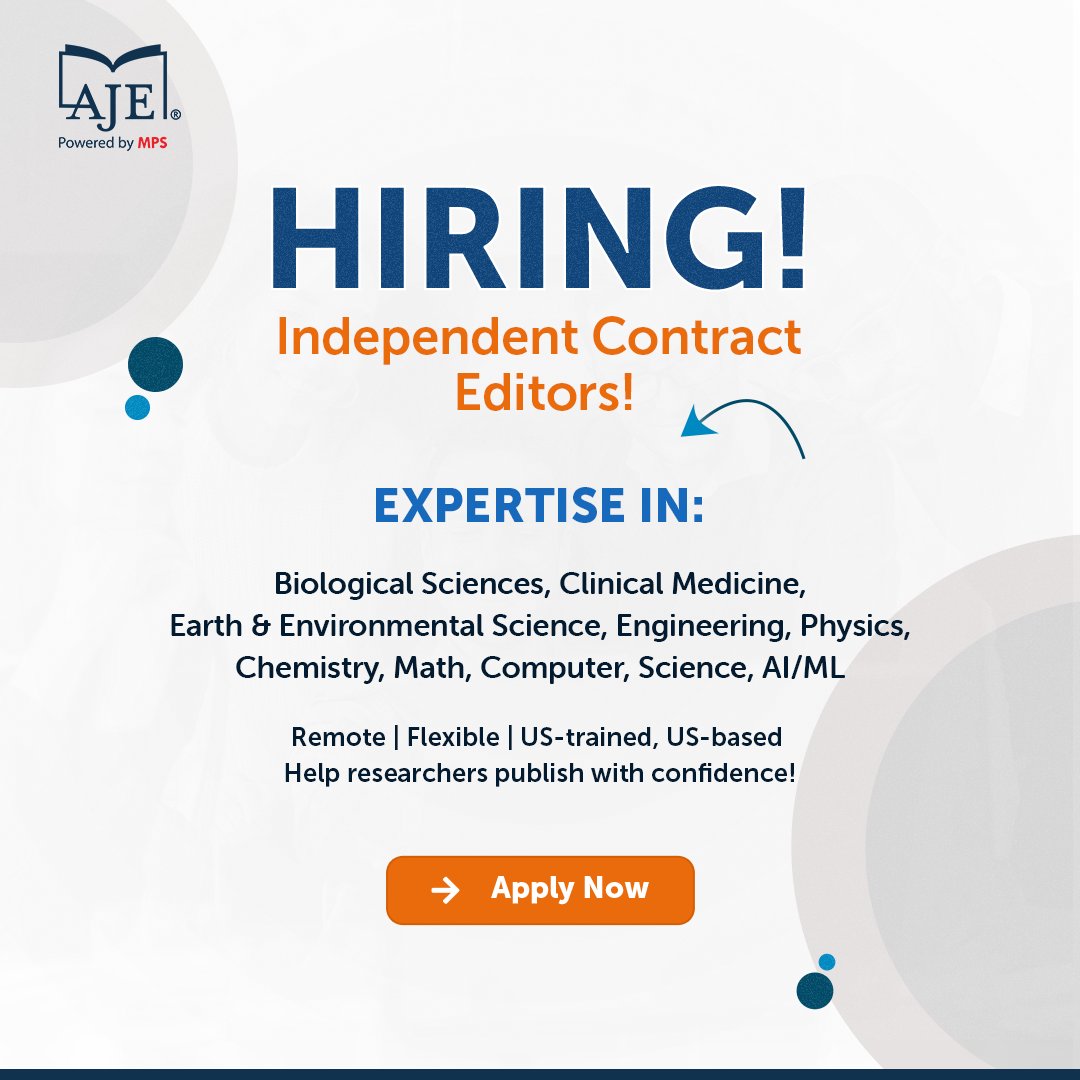 Do you enjoy editing scientific papers? Do you want to support researchers worldwide? AJE is hiring US-trained, US-based Independent Contract Editors with advanced degrees in the fields of biology, medicine, earth and environmental sciences, engineering and computer science.