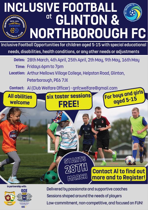 Glinton & Northborough FC (@gandnfc) on Twitter photo ๐พ๐๐๐๐ฟ๐๐๐'๐ ๐ฟ๐๐๐ผ๐ฝ๐๐๐๐๐ ๐๐๐๐๐ฝ๐ผ๐๐
Glinton & Northborough Football Club are running inclusive football sessions starting on 28th March! ๐
Boys & Girls from 5 to 15 years of age welcome
โ๏ธ gnfcwelfare@gmail.com to register
<a href="/NorthantsFA/">Northamptonshire FA</a> <a href="/AllCic60954/">All Inclusive Football Coaching CIC</a> ๐พ๐๐๐๐ฟ๐๐๐'๐ ๐ฟ๐๐๐ผ๐ฝ๐๐๐๐๐ ๐๐๐๐๐ฝ๐ผ๐๐
Glinton & Northborough Football Club are running inclusive football sessions starting on 28th March! ๐
Boys & Girls from 5 to 15 years of age welcome
โ๏ธ gnfcwelfare@gmail.com to register
<a href="/NorthantsFA/">Northamptonshire FA</a> <a href="/AllCic60954/">All Inclusive Football Coaching CIC</a>