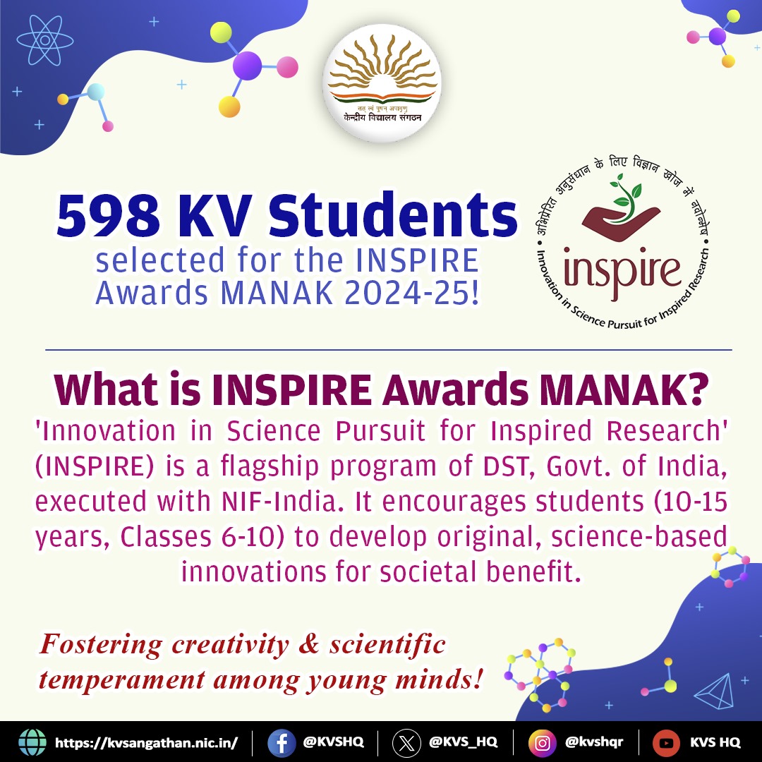 598 students from #KVs across India have been selected for #INSPIRE MANAK Awards 2024-25! Each student will receive ₹10,000 to develop their proposed science projects/models for the next phase of competitions. Hearty #congratulations to all the young achievers!
#ProudKVians