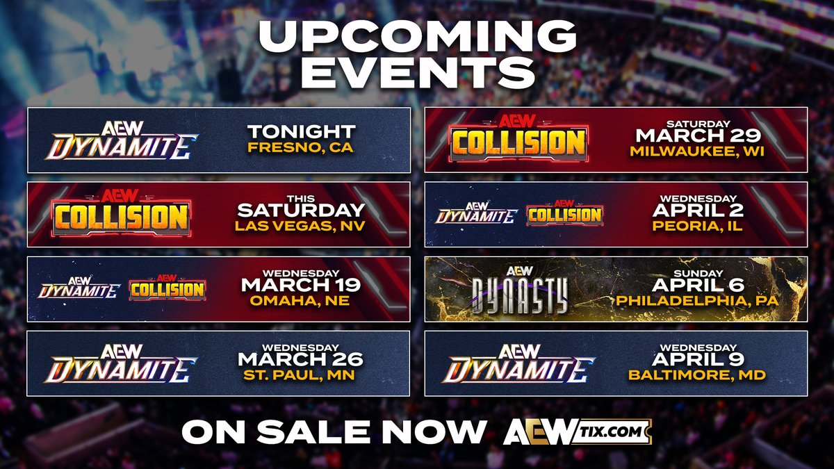 AEW's tweet image. Be part of the action AEW brings you!

Experience #AEWLive and get your tickets NOW at AEWTIX.com!