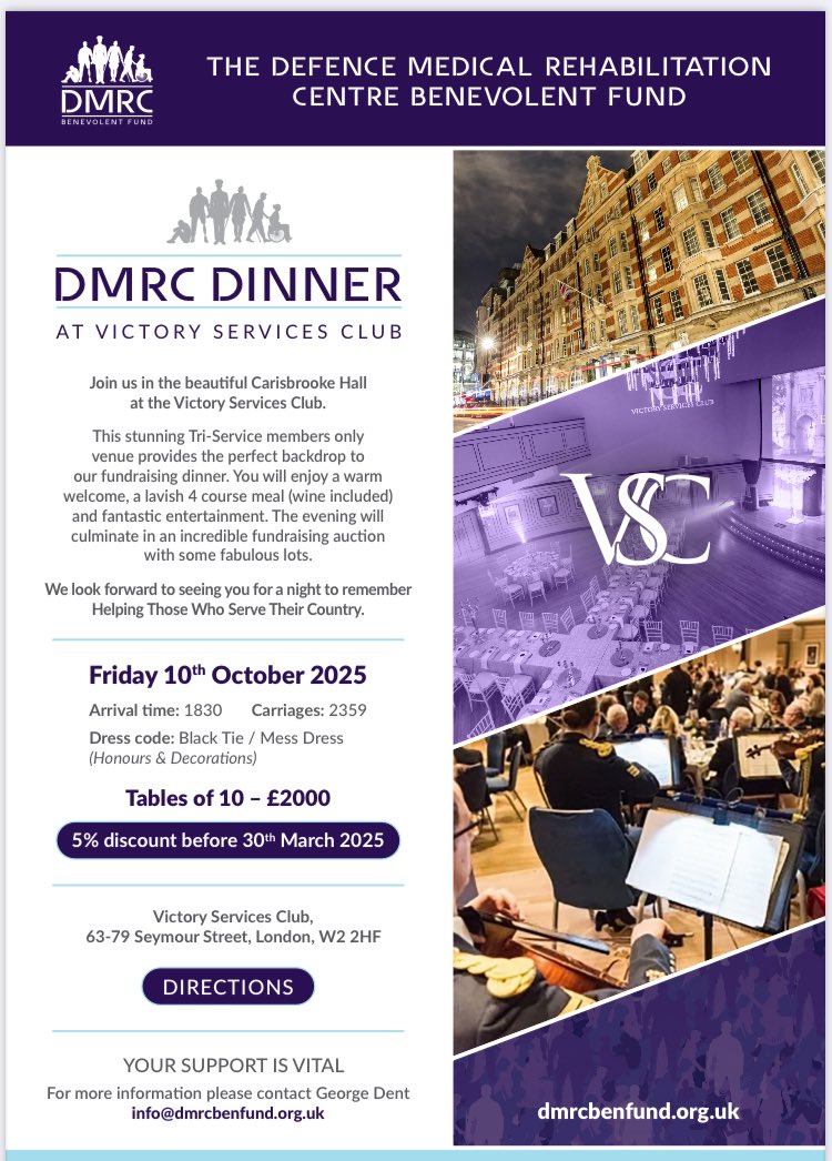 Just a few weeks left on our fundraising dinner early bird offer. We hope you will join us <a href="/VictoryServices/">Victory Services Club</a> for an evening of Helping Those Who Serve Their Country. Part tables &amp; pairs of tickets are available. Contact our team on info@dmrcbenfund.org.uk for more details 💜