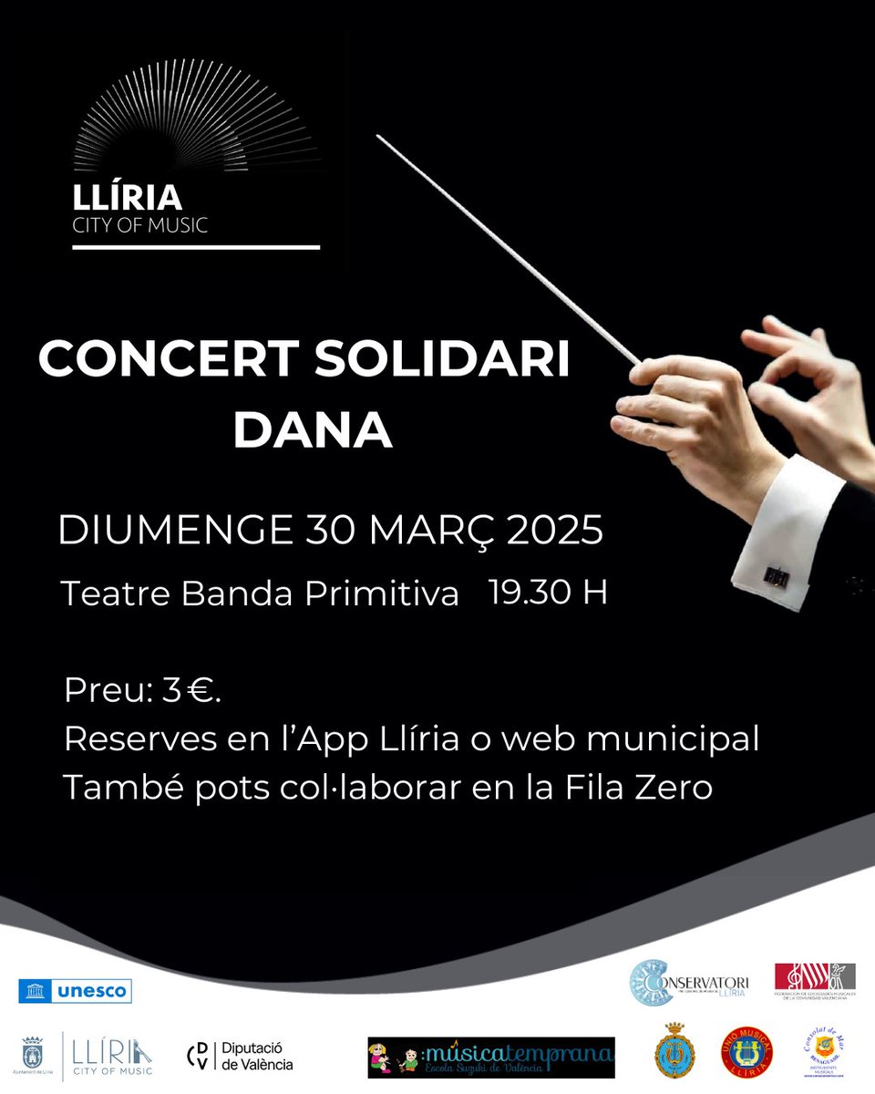 🎼 Et recordem que estan a la venda les entrades per al concert solidari de la dana que oferirà l'Orquestra <a href="/LliriaCityMusic/">Llíria City of Music</a> amb intèrprets de les nostres societats musicals. 
🎟 Pots adquirir la teua localitat en l’App o web municipal, o també pots col·laborar en la Fila Zero.