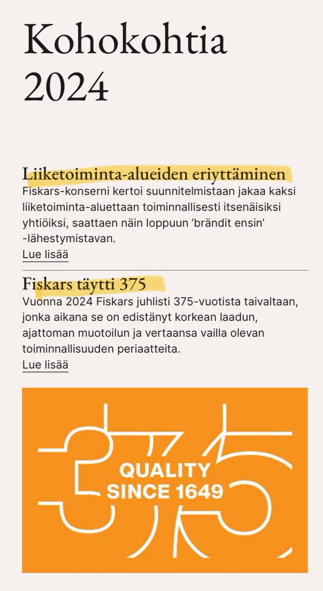 zijoittaja's tweet photo. Fiskarsin vuoden 2024 kohokohtia olivat mm. tietenkin 3️⃣7️⃣5️⃣ -juhlavuosi sekä liiketoiminta-alueiden suunniteltu eriyttäminen. #FiskarsGroup https://t.co/sr6yivfTVM